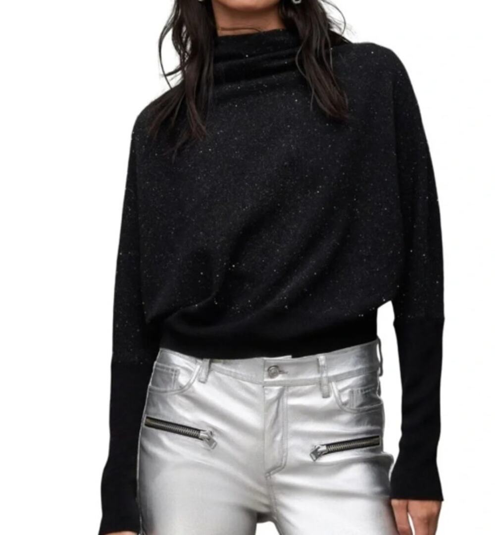 All Saints Ridley Sparkle Wool Blend Sweater Womens XS Black Minimalist Career